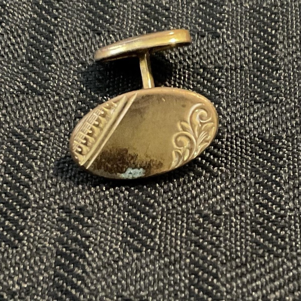 Single Gold Tone Brass Cufflink Mens Oval Engraved Fixed Back Dress Shirt